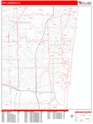 Fort Lauderdale Wall Map Zip Code Red Line Style 2024